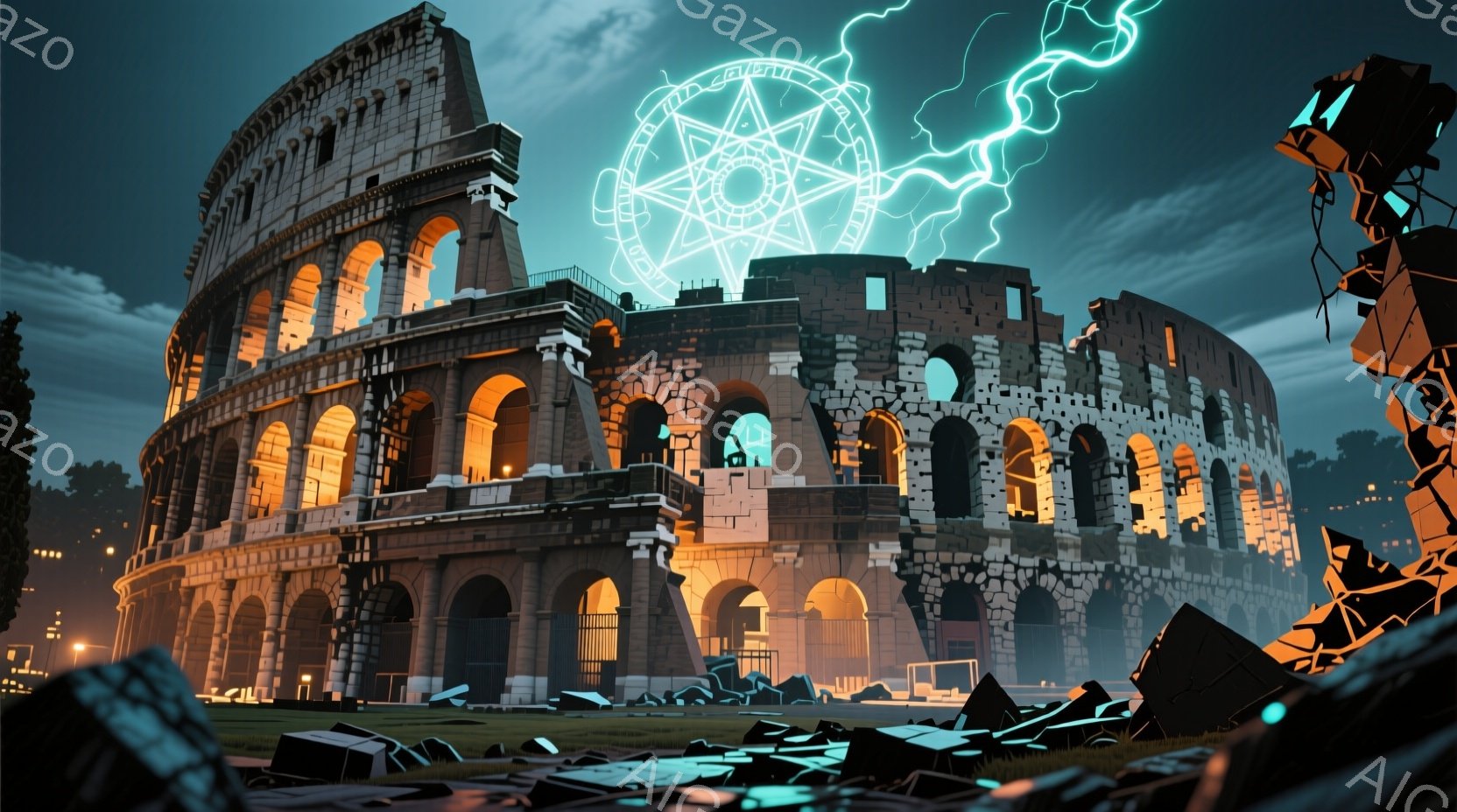 ローマのコロッセオが、暗い空の下にそびえ立っており、建物は部分的に崩壊し、周囲には瓦礫が散らばっている。空には稲妻のような光が輝き、古代遺跡の上に複雑な光の円が浮かび上がっている。 全体的に、荒廃と神秘的な雰囲気が漂い、歴史的な建造物と超自然的なエネルギーが組み合わさったイメージである。