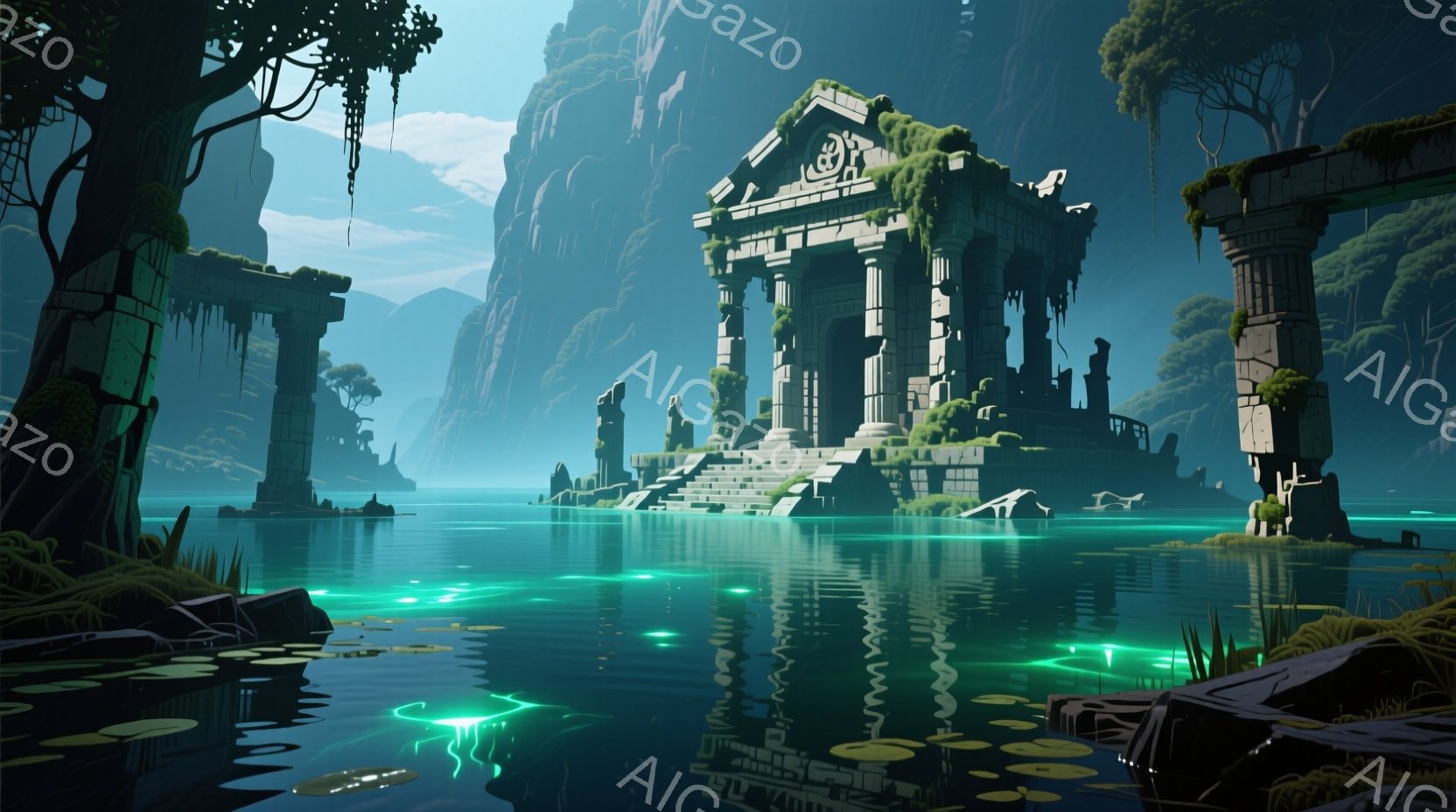 静かな水面に古代の神殿が浮かび、苔むした石柱が神秘的な雰囲気を醸し出しています。周囲は高い崖に囲まれ、水面には緑色の光が点在し、幻想的な光景を作り出しています。神殿は廃墟と化しており、自然に浸食された姿が時の流れを感じさせます。