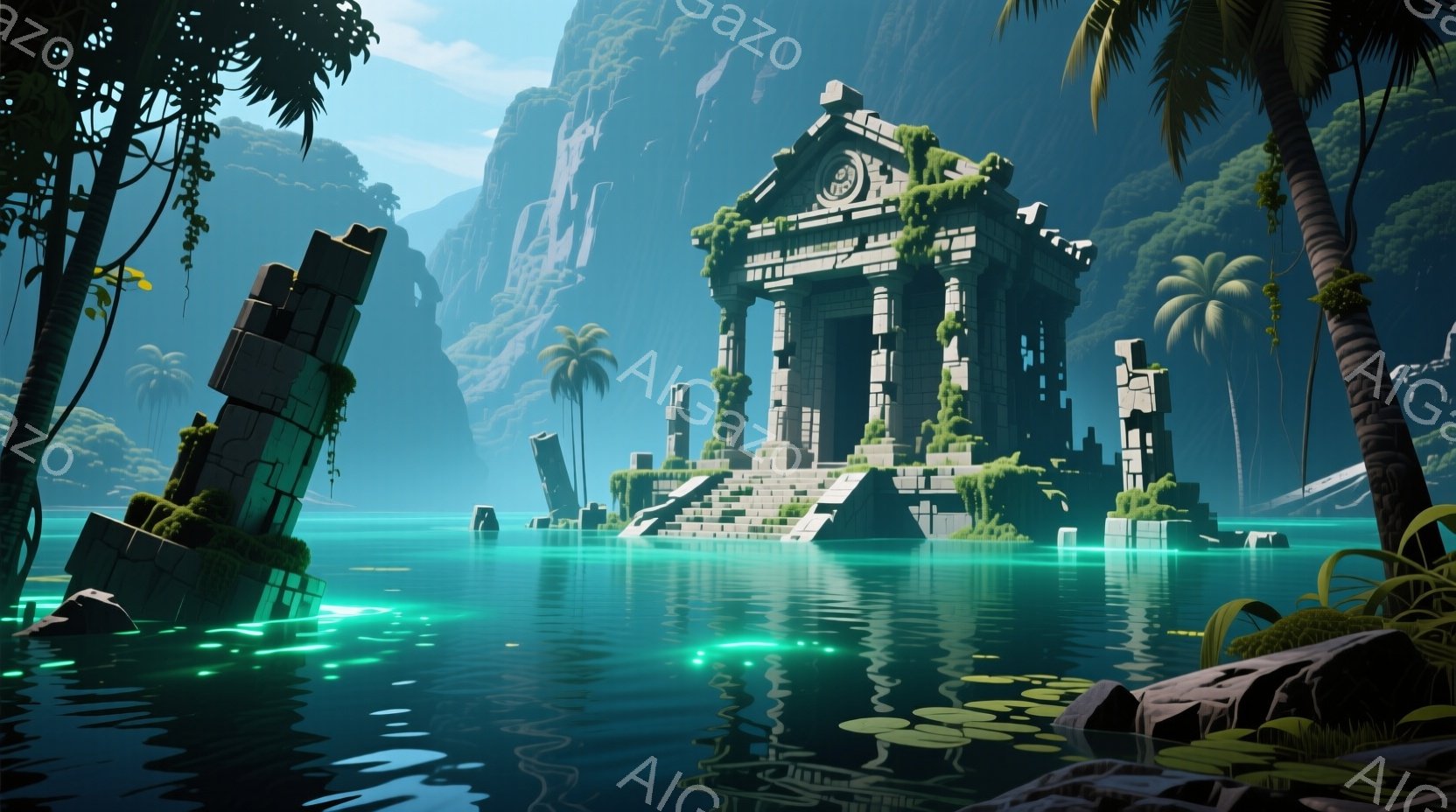 緑豊かな熱帯の風景の中に、水没した古代遺跡が浮かび上がっている。石造りの神殿は蔦に覆われ、一部が崩壊し、水面にその姿を映し出している。背景には高く険しい山々がそびえ立ち、鮮やかな青色の水面とヤシの木々が、神秘的で静謐な雰囲気を醸し出している。