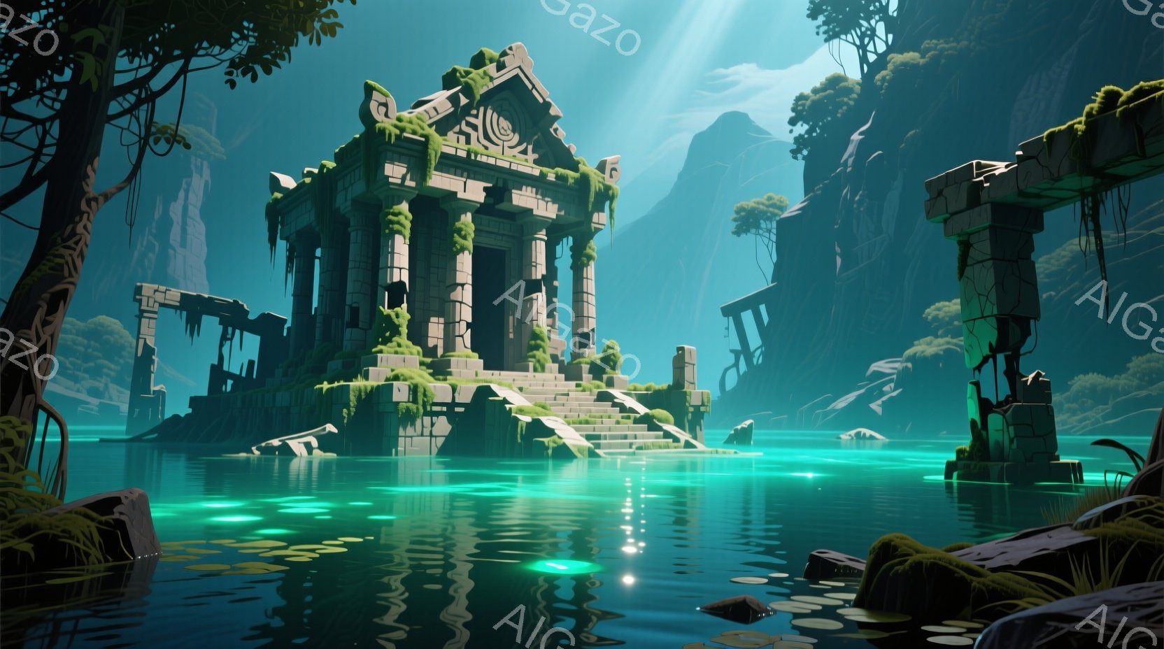 緑豊かな水面に浮かぶ古代遺跡が印象的な光景です。苔むした石造りの建造物は、柱や階段が残っており、かつての壮大さを偲ばせます。背景には切り立った岩山がそびえ立ち、水面に反射する光が幻想的な雰囲気を醸し出しています。