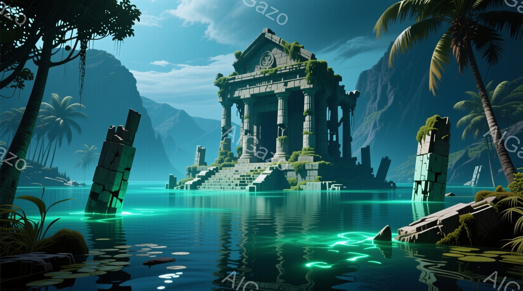 古代の遺跡が水中にそびえ立ち、苔むした石造りの階段が水面から現れている。周囲には緑豊かな植物が生い茂り、遠くには岩山がそびえ立ち、幻想的な雰囲気を醸し出している。水面には緑色の光が波紋を描き、神秘的な雰囲気を高めている。