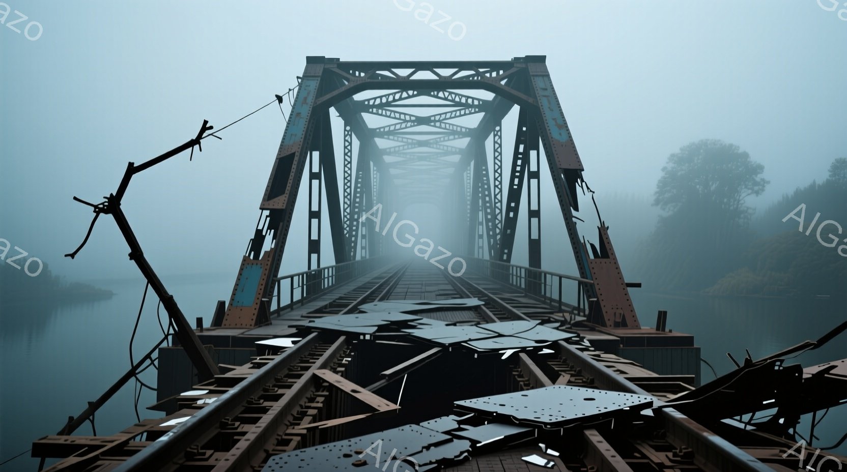 錆び付いた鉄道の橋が、濃い霧の中に長く伸びています。橋のレールは破損し、金属片が散乱しており、一部の構造物も倒壊しています。背景には、ぼんやりとした緑の木々と霧に包まれた水面が見え、全体的に寂寥感と荒廃した雰囲気を醸し出しています。