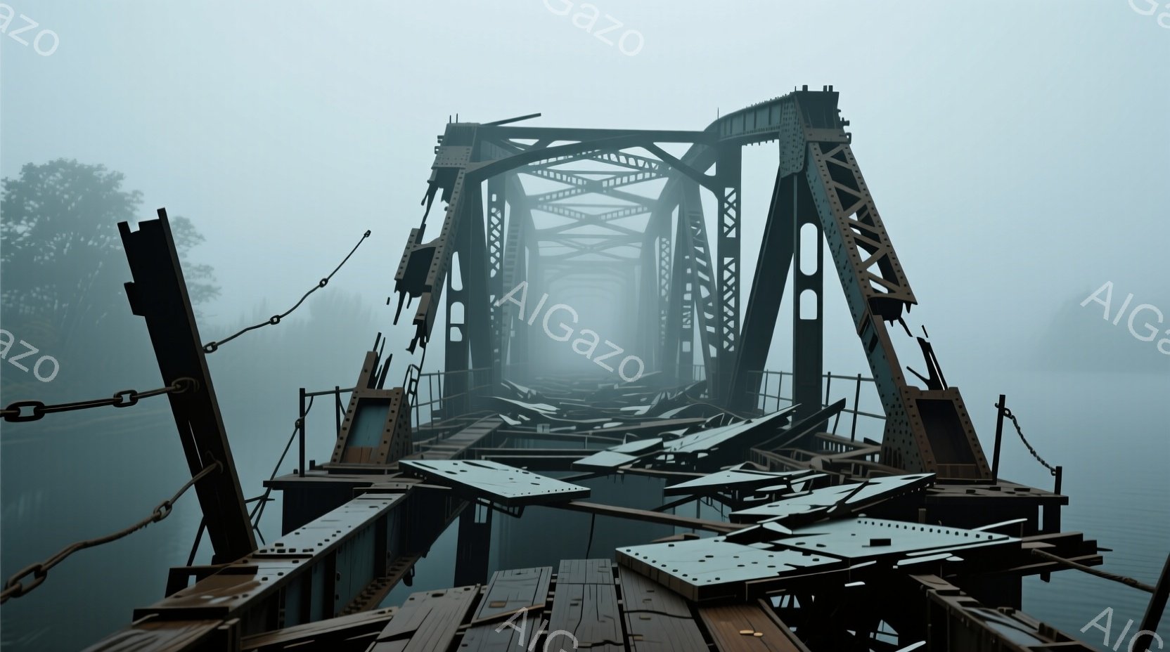 霧深い水面上に、崩れかけた鉄製の橋が広がっている。橋の構造は複雑で、錆び付いた金属がむき出しになり、一部は完全に破壊されている。背景は霧に包まれ、橋のシルエットがぼんやりと浮かび上がり、全体的に寂寥感と廃墟のような雰囲気を醸し出している。