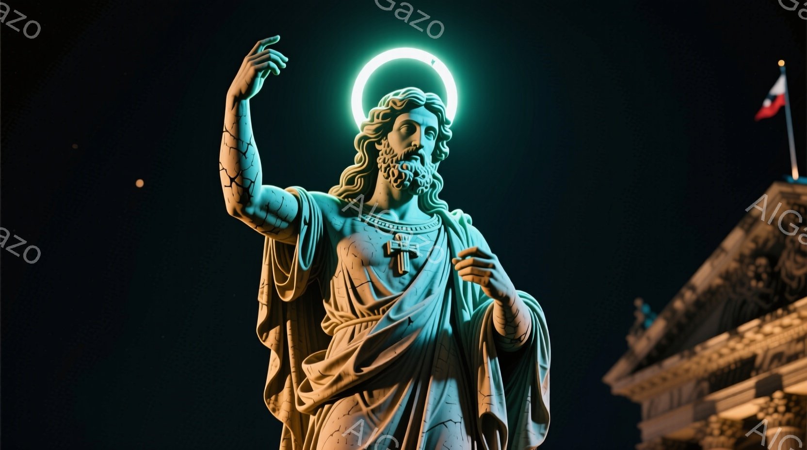 大理石のイエス・キリスト像が夜空の下に立っており、片手を上げて祝福しているようなポーズをとっています。像は長いローブを身にまとい、豊かな髭と髪を持ち、慈悲深い表情を浮かべています。背景には、古典的な様式の建物と、遠くに見える旗、そして暗い夜空が広がっており、全体的に荘厳で神聖な雰囲気を醸し出しています。