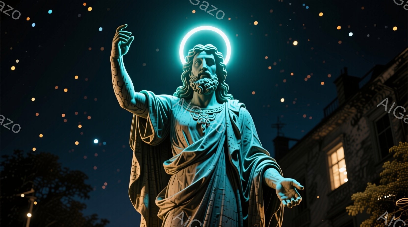 白亜の彫像は、長くカールした髪と髭を持ち、ローブをまとっています。片手を天に向け、もう片手を前に差し出し、神聖な存在を表現しています。夜空を背景に、建物や木々がシルエットとして見え、星明かりが全体を包み込む静謐な雰囲気が漂っています。