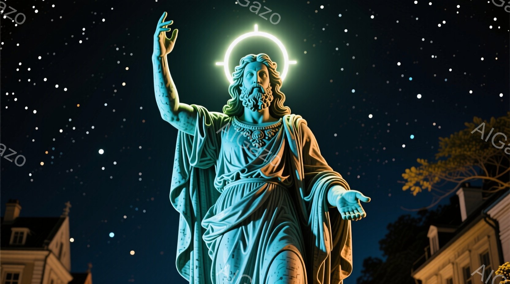 夜空を背景に、緑色の光輪に囲まれた彫像が描かれている。彫像は長くカールした髪と髭を持ち、ローブのような衣服を身につけ、片手を上げて祝福しているようなポーズをとっている。背景には建物がわずかに見え、星空が広がり、神聖で荘厳な雰囲気を醸し出している。