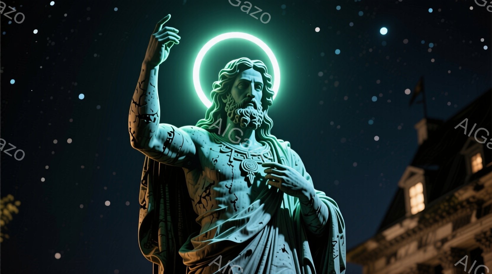 彫刻のような男性が、緑色の光輪を背に立っている。彼は長い髪とひげを持ち、ドレープの効いた衣服を身に着け、片手を空に向けている。背景には夜空と建物のシルエットが見え、神秘的で荘厳な雰囲気が漂っている。