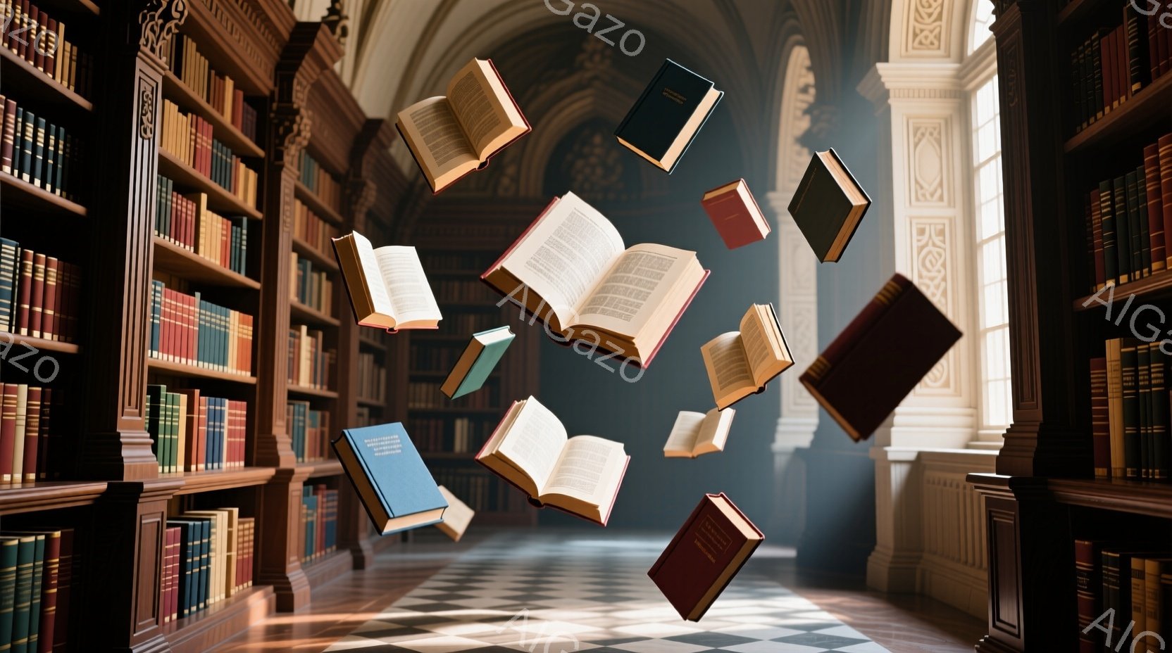 古い図書館の内部で、たくさんの本が宙に浮いている様子が描かれています。高い書架には様々な色の本が並び、床は白と黒の市松模様のタイルで覆われています。窓から差し込む光が埃っぽさを強調し、幻想的で神秘的な雰囲気を醸し出しています。