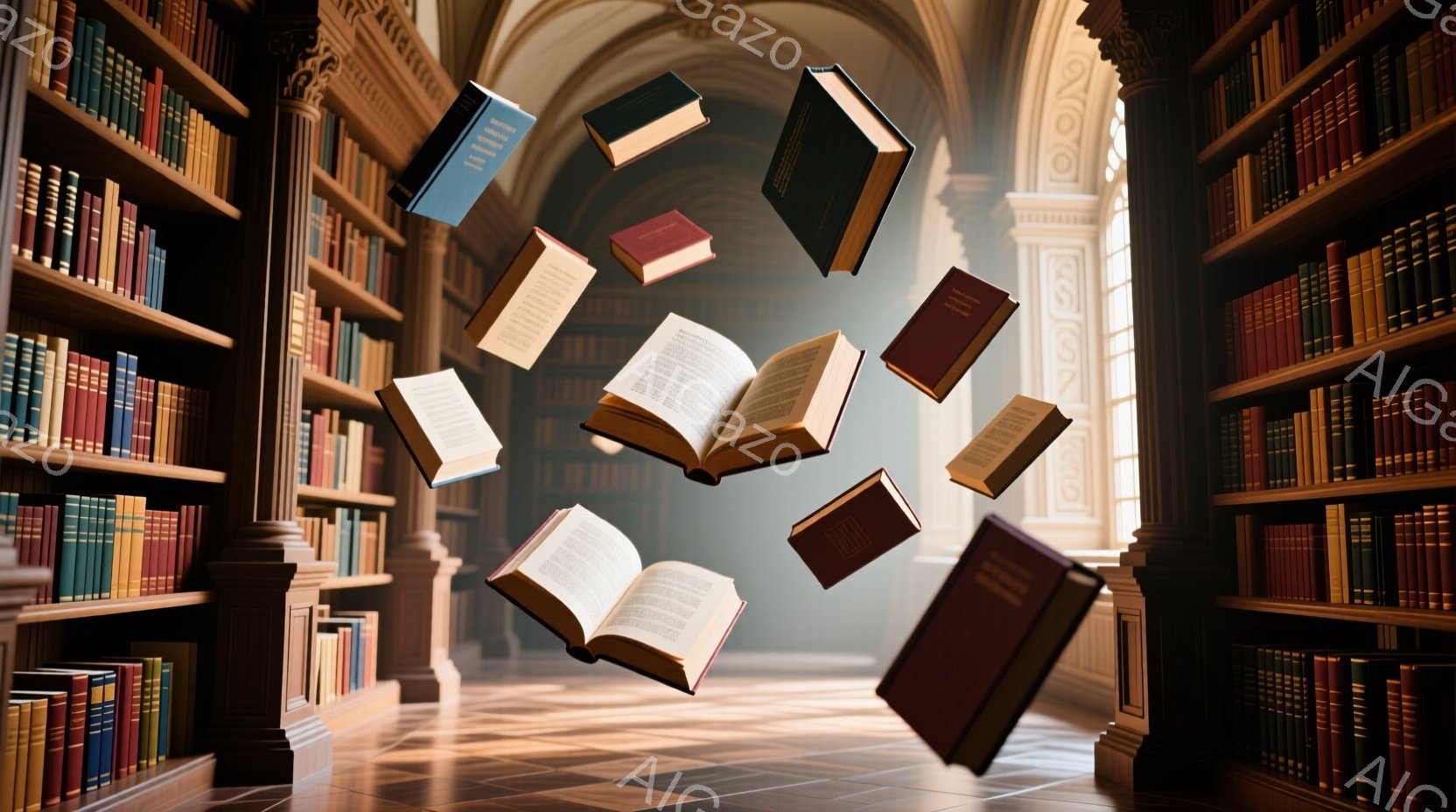 広大な図書館の内部が写っており、壁一面に古書が並んだ本棚が印象的です。本棚から飛び出したように見える開かれた本が複数、宙に浮いており、神秘的な雰囲気を醸し出しています。床は黒と白の市松模様で、奥には明るい光が差し込み、荘厳な空間を演出しています。