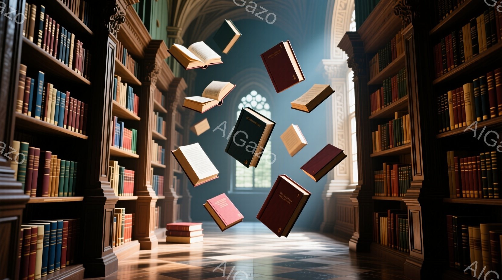 古い図書館の壮大な空間が描かれている。高い書架が両側に並び、様々な色の本で埋め尽くされている。何冊かの本が宙に舞い、まるで魔法のような幻想的な雰囲気を醸し出している。