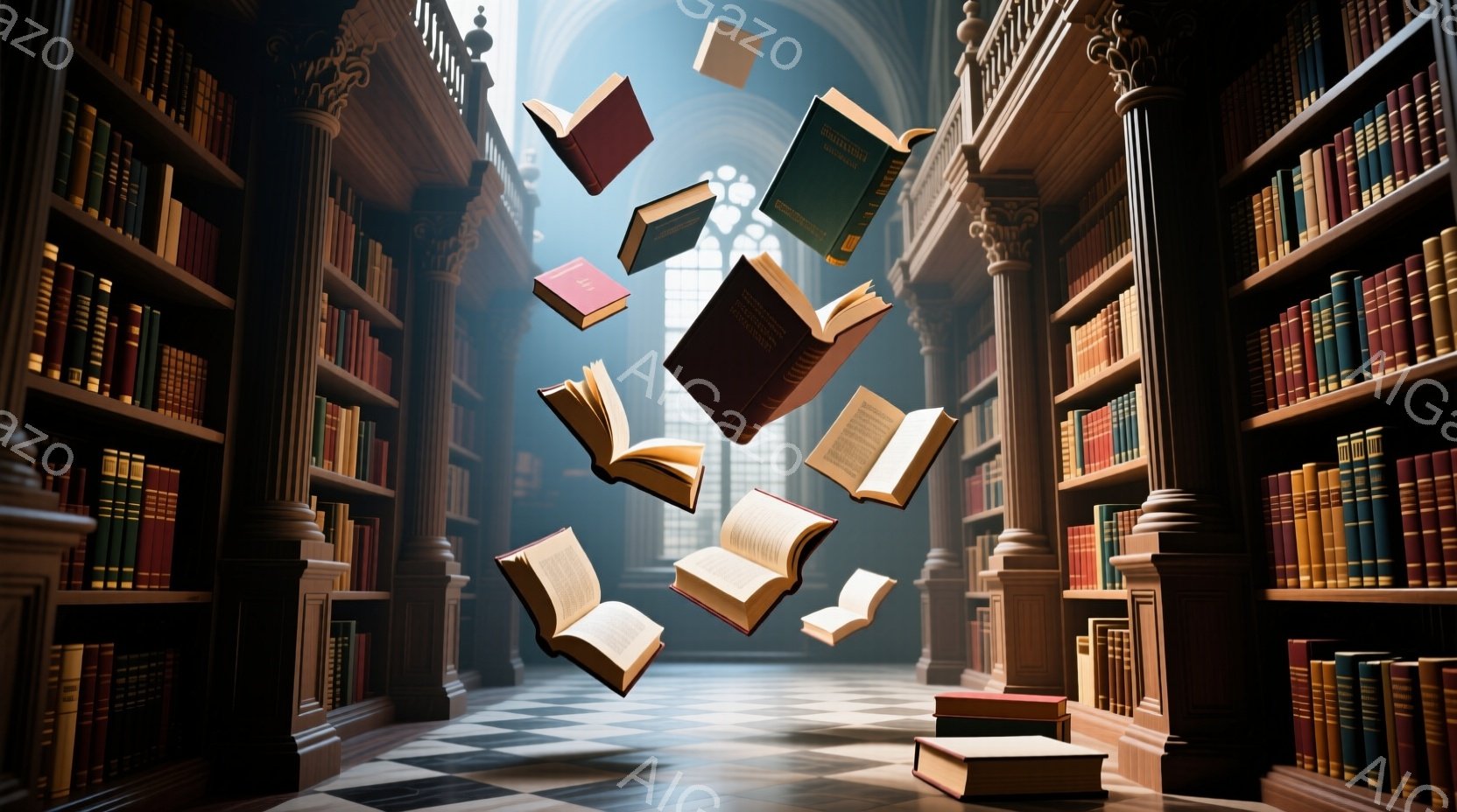 古い図書館の内部を描いた画像で、高い本棚が両側に並び、様々な色の本が浮かんでいる様子が捉えられている。光が窓から差し込み、埃っぽい空気と荘厳な雰囲気を醸し出している。床は規則的な模様のタイルで覆われ、遠近法が強調され奥行きを感じさせる。