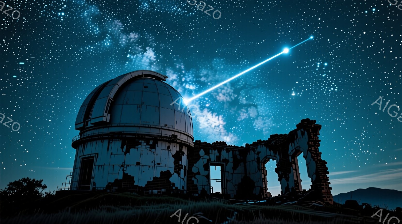 古びた天文台が夜空の下にシルエットで浮かび上がり、一部が崩壊した建物は、まるで時の流れを感じさせるかのようです。天体観測に使われたであろうドームは暗く、その上空には銀河のような星雲が広がり、強い光線が天体観測装置から放たれています。周囲は緑豊かな丘陵地帯で、暗い空と星の輝きが、神秘的で静寂な雰囲気を醸し出しています。