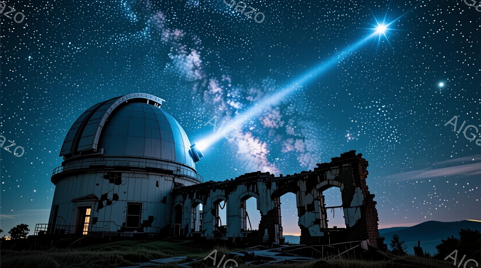 深夜、古代遺跡のような建造物と近代的な天文台が星空を背景に並んでいる。天の川が明るく輝き、天文台のドームと遺跡のアーチを照らし出している。静かで神秘的な雰囲気で、夜空に希望の光が差し込むような印象を与える。