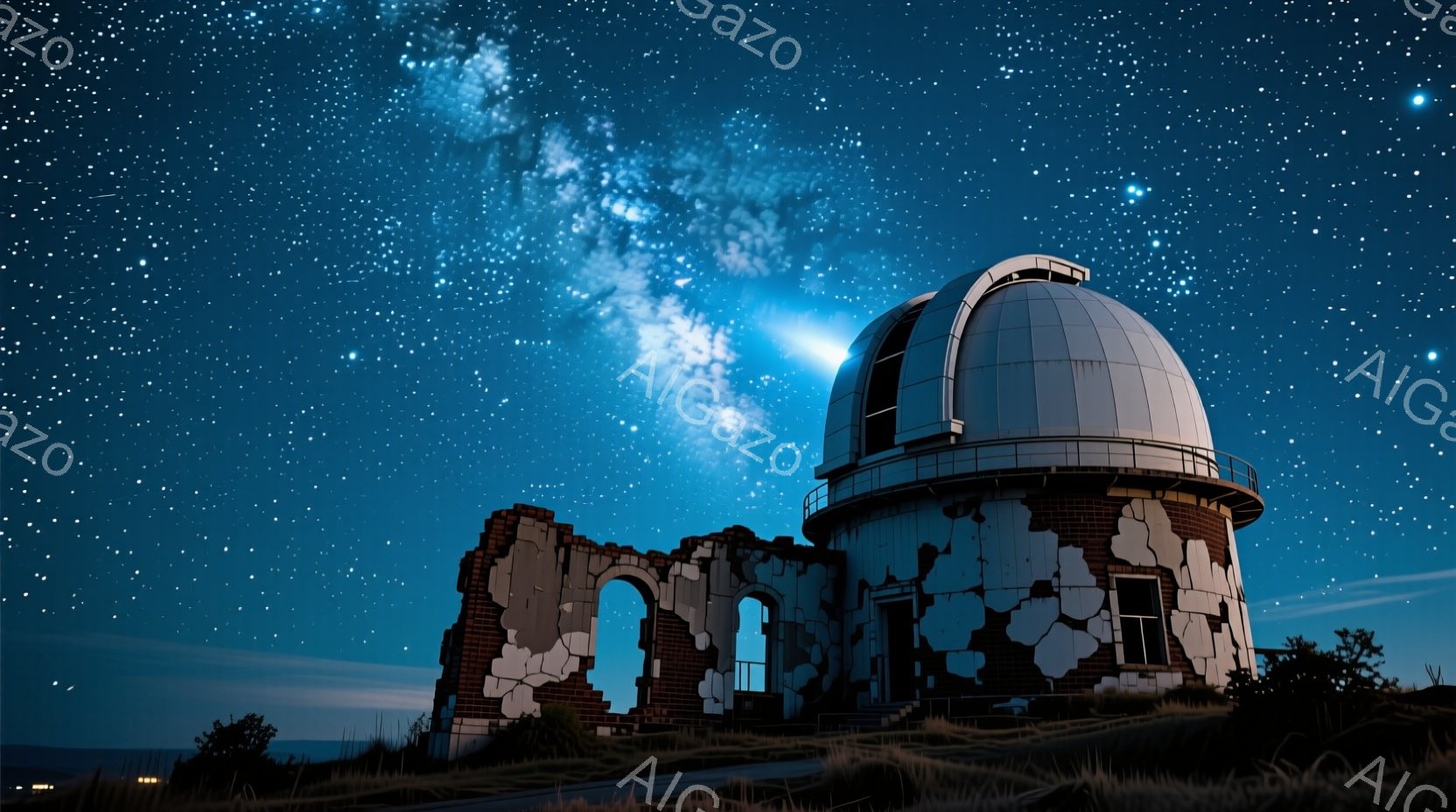 古びたレンガ造りの天文台が、星が輝く夜空の下にそびえ立っている。天文台の一部は崩れ落ち、廃墟のような雰囲気だが、ドーム部分はしっかりと残っており、かつての壮大さを偲ばせる。背景には暗い山並みが広がり、夜空には天の川が鮮やかに浮かび上がり、神秘的な雰囲気を醸し出している。