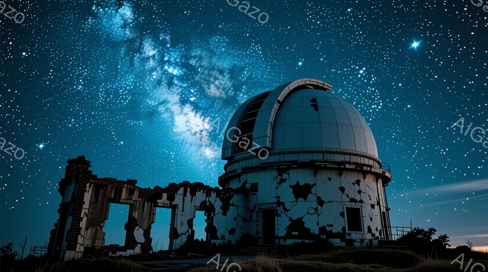 荒廃した建物の残骸と、星空の下にそびえ立つドーム型の天文台が印象的な光景です。天文台は風化し、一部剥がれ落ちた外観ですが、静かに夜空を見守っているようです。背景には無数の星が輝き、幻想的でどこか寂しげな雰囲気が漂っています。