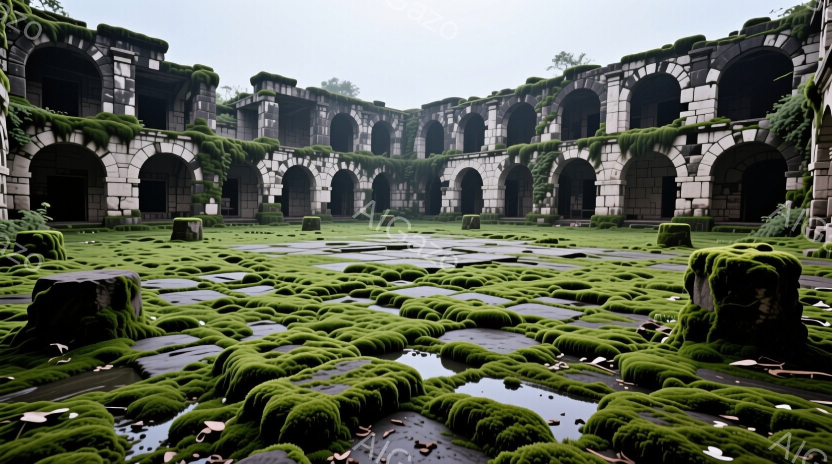 苔むした石畳の広場が、崩れかけたアーチ状の建物に囲まれている。地面は緑色の苔で覆われ、至る所に水たまりが見られ、廃墟となった荘厳な雰囲気を醸し出している。建物は風化が進み、自然と人工物の融合した、静寂と寂寥感が漂う空間である。