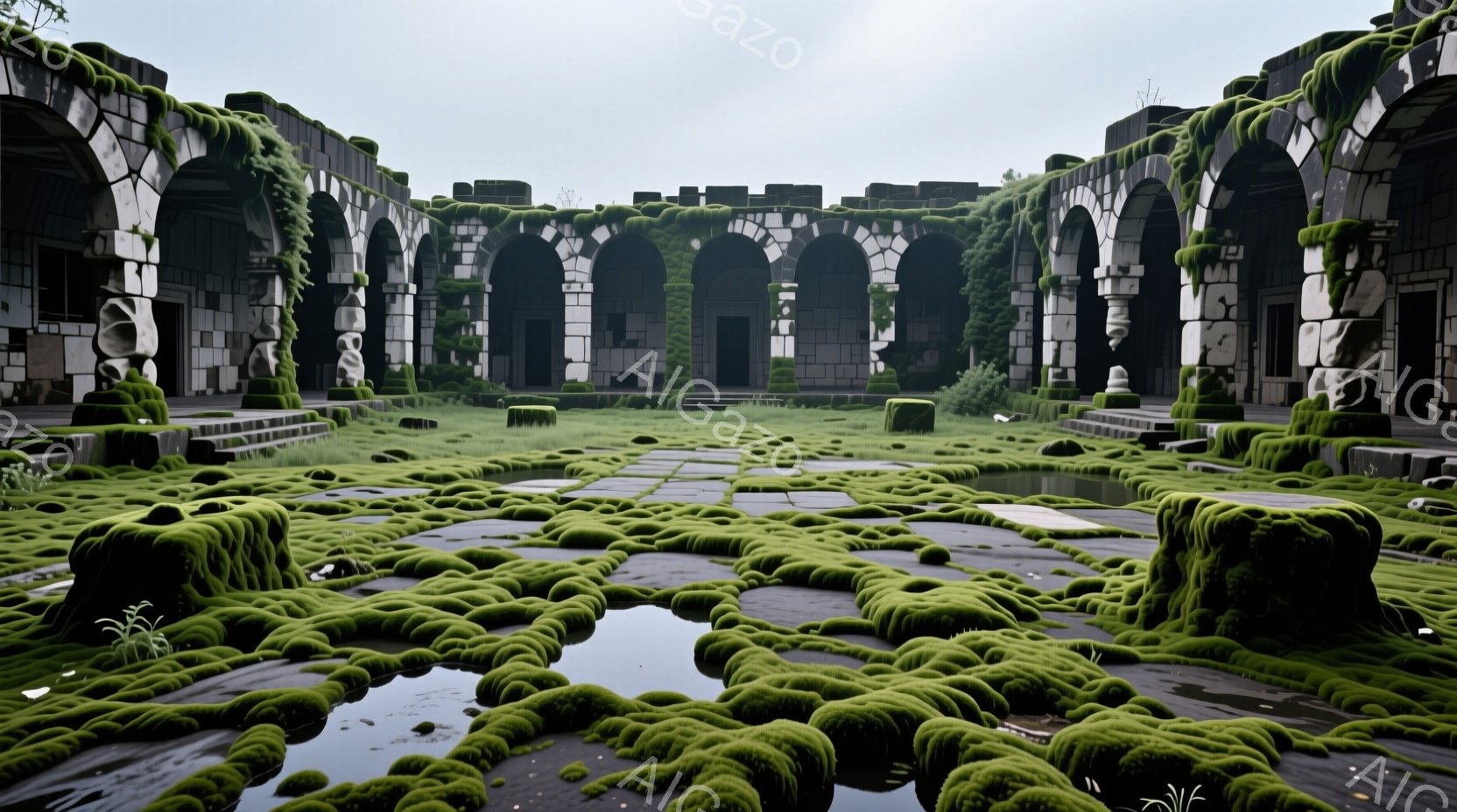 古びた石造りの回廊が、緑色の苔で覆われた広場を取り囲んでいる。崩れかけたアーチと柱が立ち並び、雨水が溜まってできた水たまりが石畳の隙間を埋めている。全体的に荒廃した雰囲気だが、苔の緑色が生命力を感じさせ、静寂と自然の力強さが共存している。