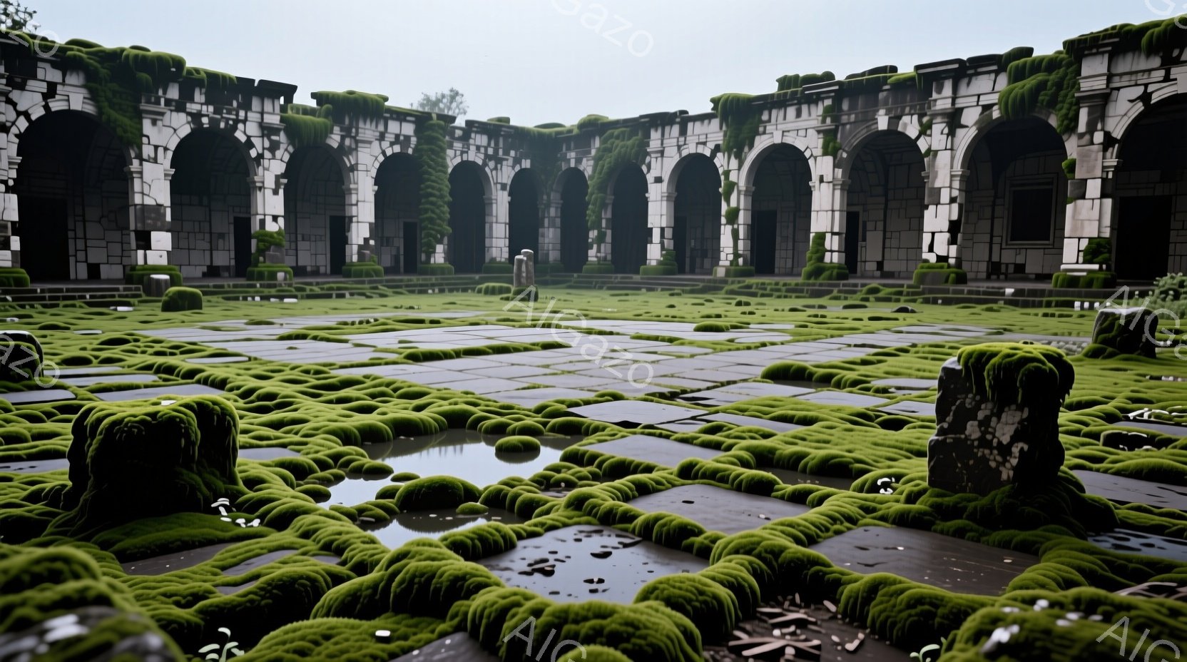 苔むした石畳の広場が広がり、廃墟となったアーチ型の建造物が周囲を取り囲んでいます。石畳の隙間には水溜りができ、苔が密生しており、長い年月を経て自然に還りつつある様子が伺えます。全体的に湿り気のある、静かで寂寥感のある雰囲気が漂っています。