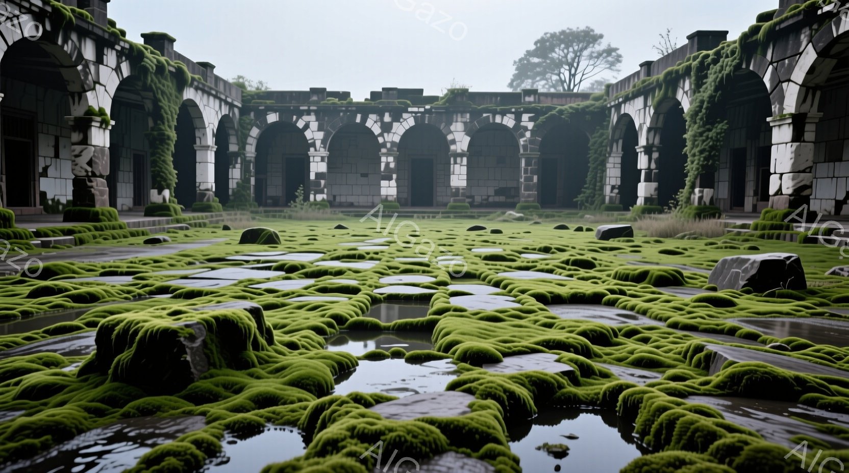 廃墟となった柱廊が、緑色の苔に覆われた石畳の広場を囲んでいる。苔は石の隙間に生い茂り、まるで緑の絨毯のように広がり、雨水が溜まって小さな水溜りができている。重厚な石造りの建造物は朽ち果てており、背景に - AI生成フリー素材