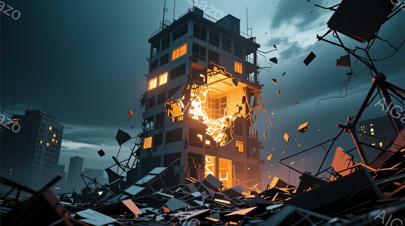 高層ビルが爆発し、瓦礫の山となっている様子が描かれています。建物の中央部は炎に包まれ、破片が飛び散り、周囲には崩壊した建物の残骸が広がっています。背景には、ぼんやりとした都市のシルエットと暗い空が広がり、終末的な雰囲気を醸し出しています。