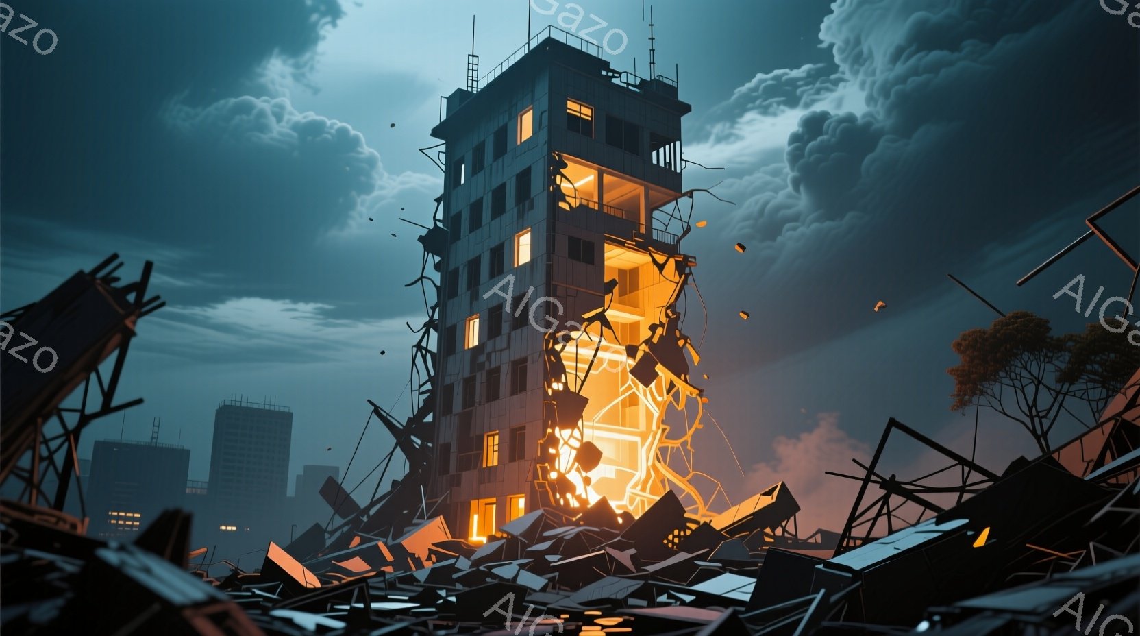 崩壊した都市の一角に、燃え盛る高層ビルがそびえ立っている。ビルの内部から激しい炎と光が噴き出し、周囲には瓦礫の山が広がり、まるで戦場のようだ。暗い空には重々しい雲が立ち込め、全体的に荒廃と絶望の雰囲気が漂っている。
