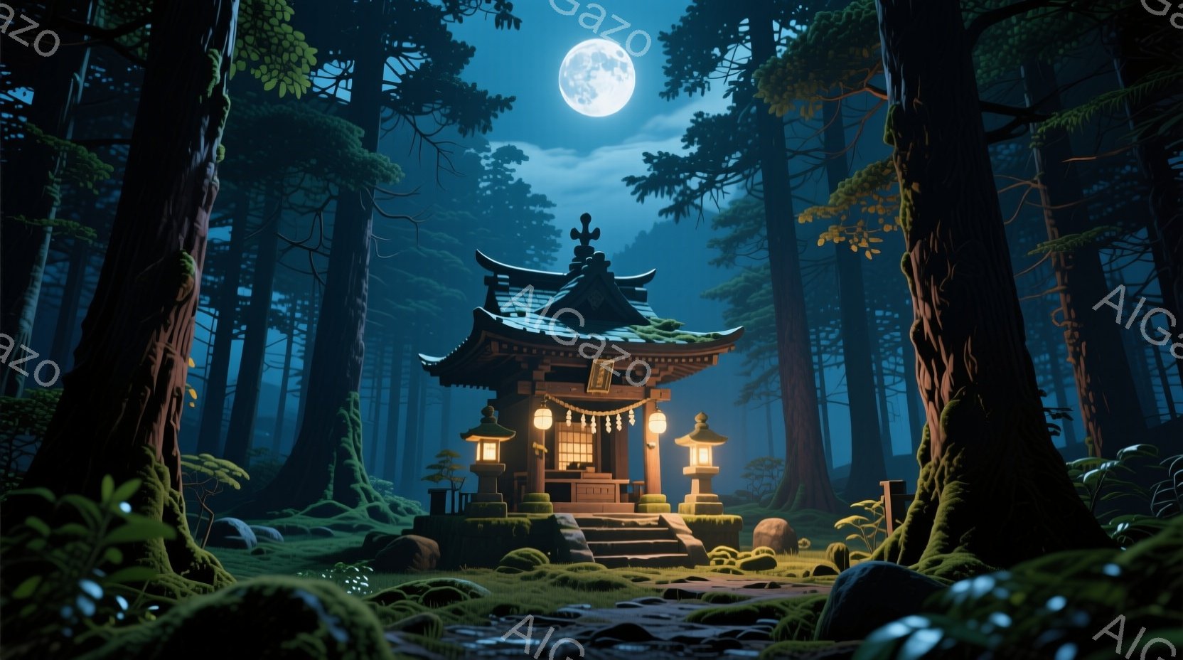 深い森の中に古びた神社が佇んでいます。石段を上った先には、灯りが灯った鳥居と、小さな社が静かに佇み、周囲は苔むした岩や木々で覆われています。満月の光が木々の間から差し込み、神秘的で静謐な雰囲気を醸し出しています。