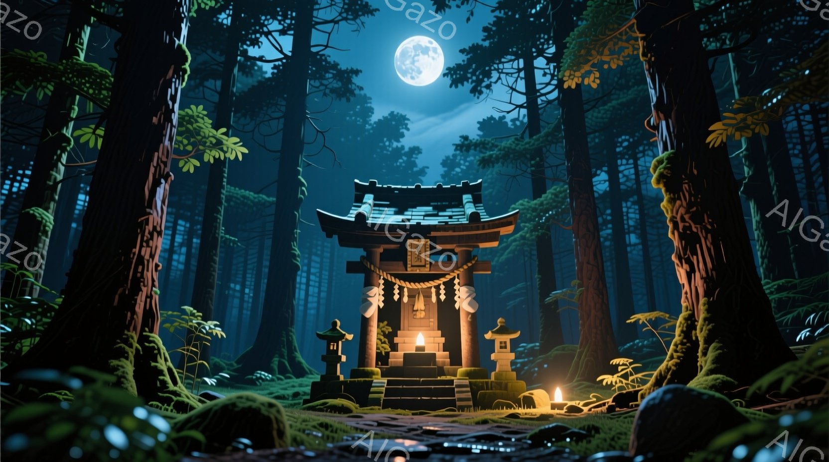 深い森の中に、小さな神社の建物が建っています。月明かりが木々の間から差し込み、建物の屋根と、その前に置かれた石灯籠を照らし出しています。周囲は苔むした岩や植物で覆われ、静寂で神秘的な雰囲気を醸し出しています。