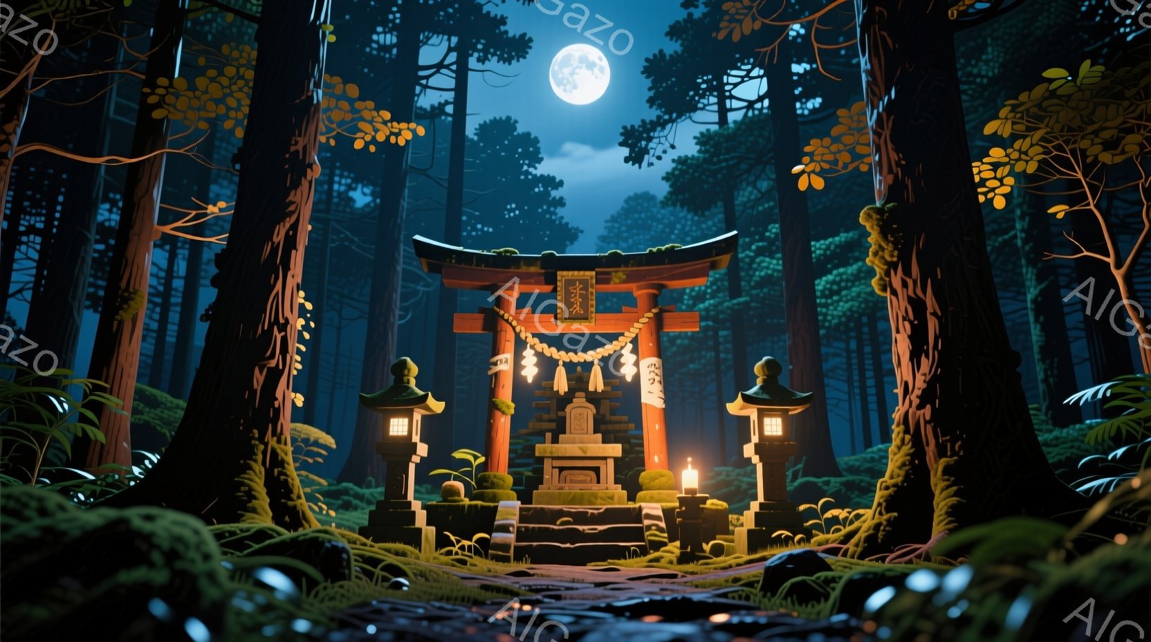 深い森の中に鳥居が置かれ、中央には祭壇が灯っています。満月が木々の間から照らし、周囲の苔むした石や植物が幻想的な雰囲気を醸し出しています。全体的に静かで神秘的な空気感があり、夜の森の神聖な空間を表現し - AI生成フリー素材
