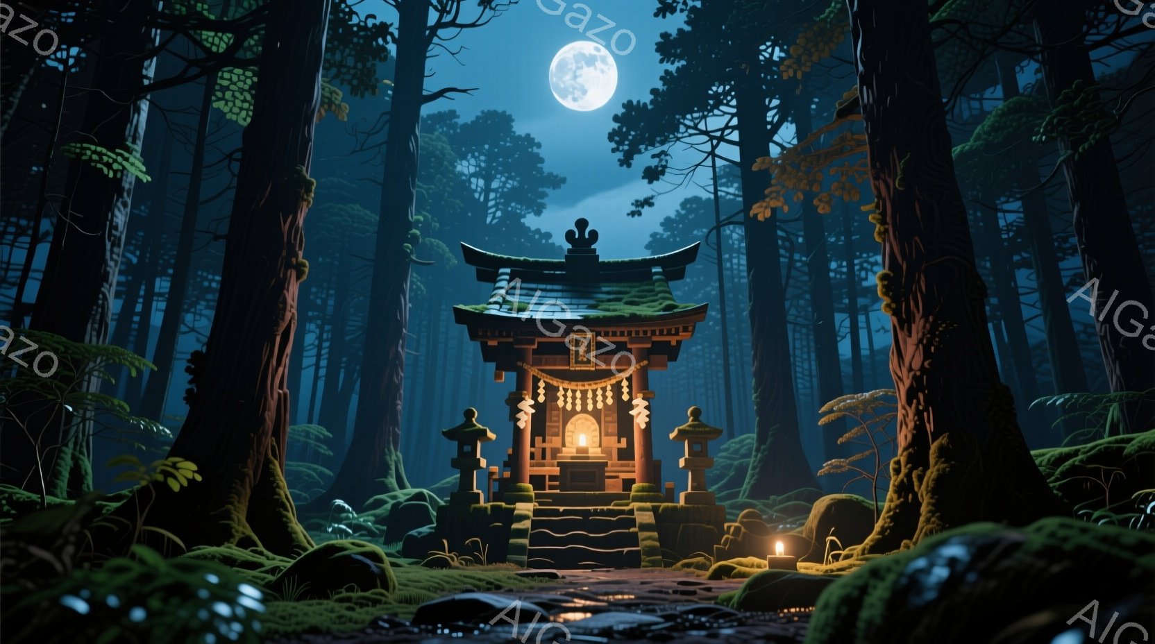 深い森の中にひっそりと佇む小さな祠が印象的です。苔むした石段と灯籠が、静寂な夜の雰囲気をさらに高めています。満月の光が木々の間から差し込み、神秘的で幻想的な光景を作り出しています。