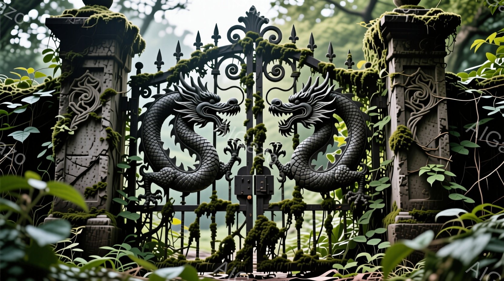 鉄製の門が、二匹の龍の装飾で飾られています。門柱は苔むし、周囲は緑豊かな植物に覆われ、廃墟のような神秘的な雰囲気を醸し出しています。霧がかった背景が、さらに不気味で静謐な印象を強めています。