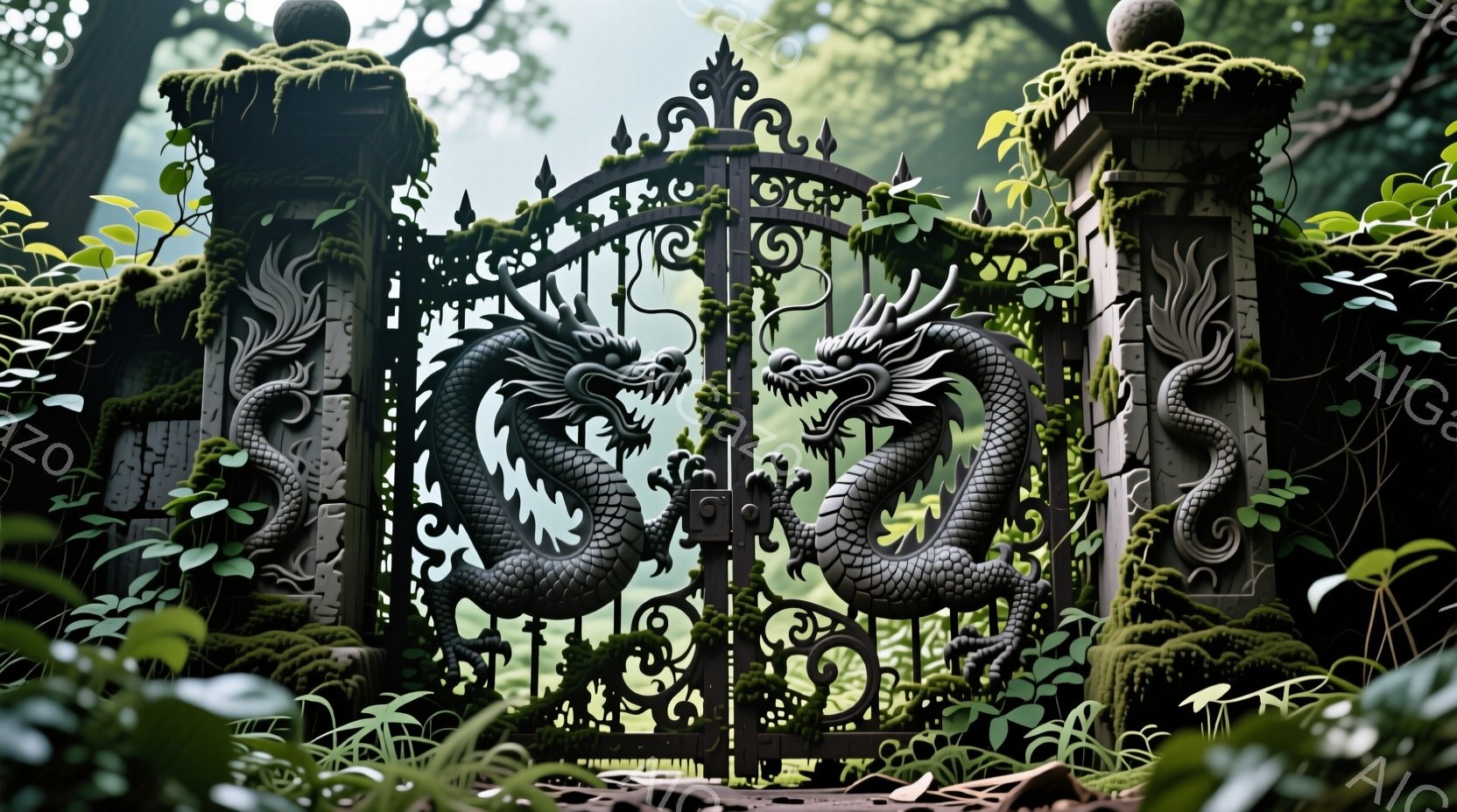苔むした石柱に、躍動的な龍の装飾が施された鉄製の門がそびえ立っている。門の周囲は緑豊かな植物に覆われ、薄暗い森の中にひっそりと佇んでいる。重厚な雰囲気の中に、どこか神秘的な空気が漂っている。