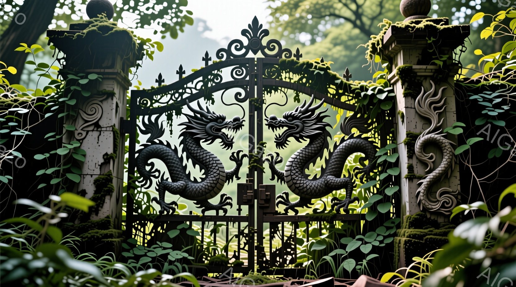 古びた鉄製の門が、鬱蒼とした緑に覆われた風景の中にそびえ立っている。門には左右一対の躍動感あふれる龍が彫刻されており、その姿はまるで生きているかのように見える。背景には深い緑の木々が茂り、霧がかった空が神秘的な雰囲気を醸し出している。