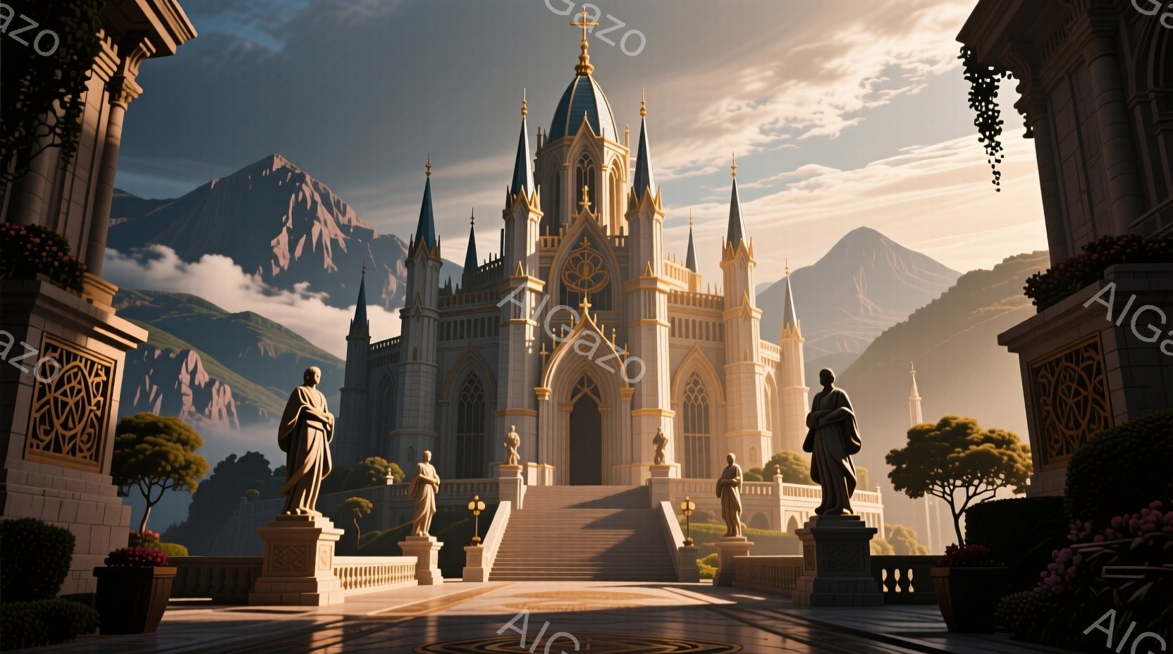 白亜の壮大な教会が、緑豊かな山々に囲まれた景観の中に堂々と建っている。教会の前には彫像が整然と並び、石畳の階段がそれらに繋がっている。空は晴れており、夕暮れ時の柔らかな光が全体を包み込み、荘厳で神聖な雰囲気を醸し出している。