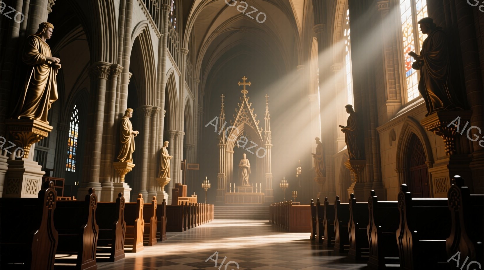 広大なゴシック様式の教会内部で、高い天井から差し込む光線が荘厳な雰囲気を醸し出している。左右に並ぶ彫像や木製の椅子が整然と並び、奥には祭壇が配置されている。光芒が舞い、神聖で静謐な空間が表現されている。