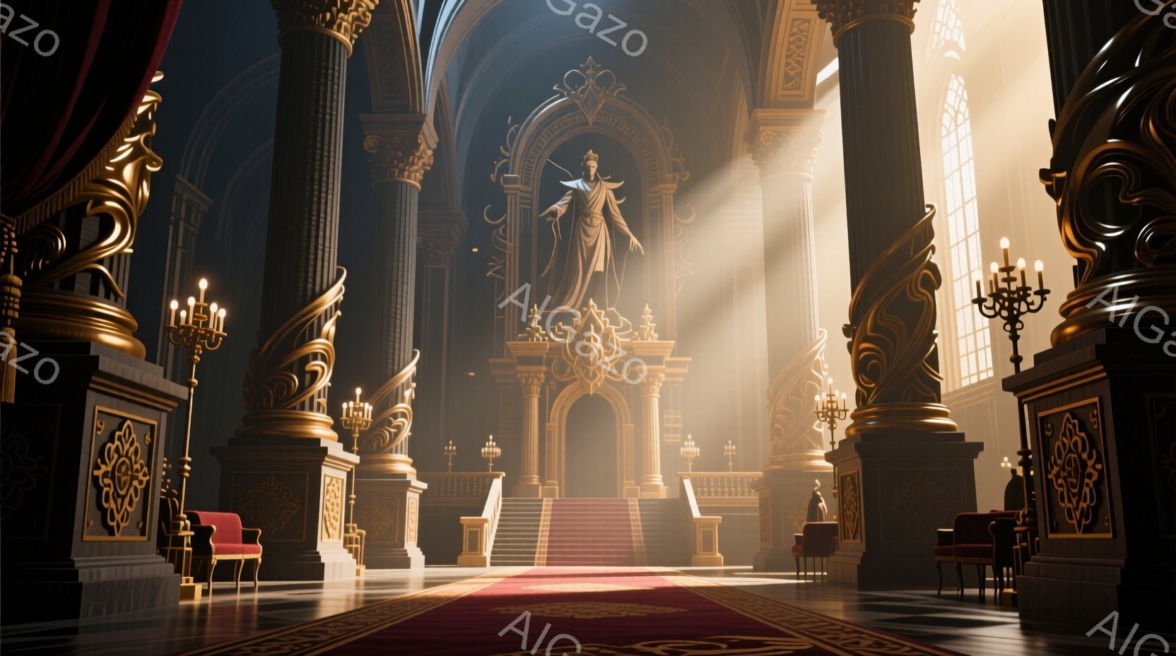 巨大な石造りのホールは、高いアーチ型の窓から差し込む神々しい光線で満たされており、豪華な赤いカーペットが祭壇へと続いています。祭壇の上には、金色のローブをまとった像が立っており、威厳と静寂を湛えた雰囲気を醸し出しています。ホールは、装飾的な柱や彫刻で飾られ、格式高い空間を作り出しています。