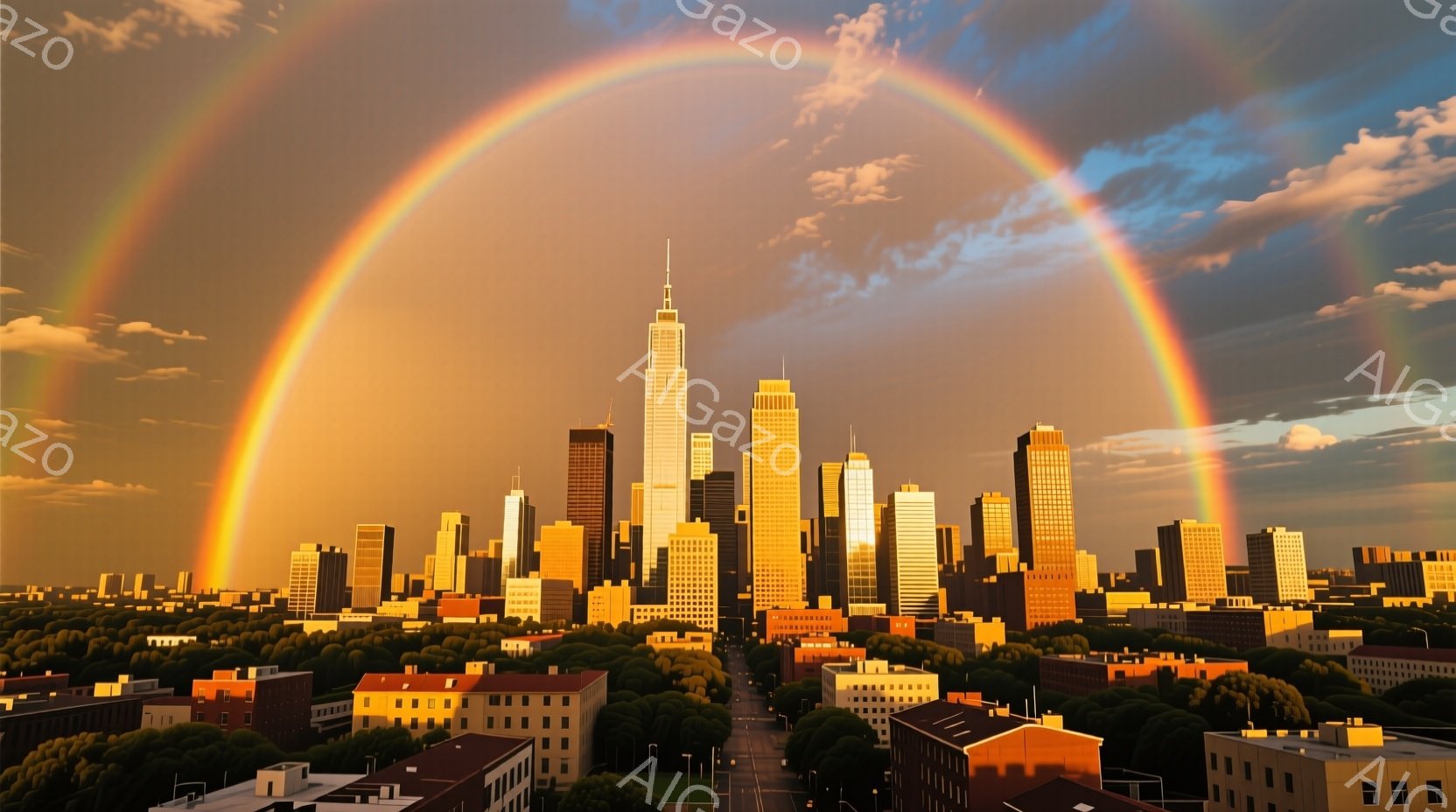 鮮やかな虹が都市のスカイラインをアーチ状に覆っており、夕焼けの名残が建物に黄金色の輝きを与えています。高層ビル群が整然と並び、その手前には緑豊かな木々や低層の建物が広がっており、都市と自然が調和した風景を作り出しています。全体的に、穏やかで希望に満ちた温かい雰囲気が漂っています。