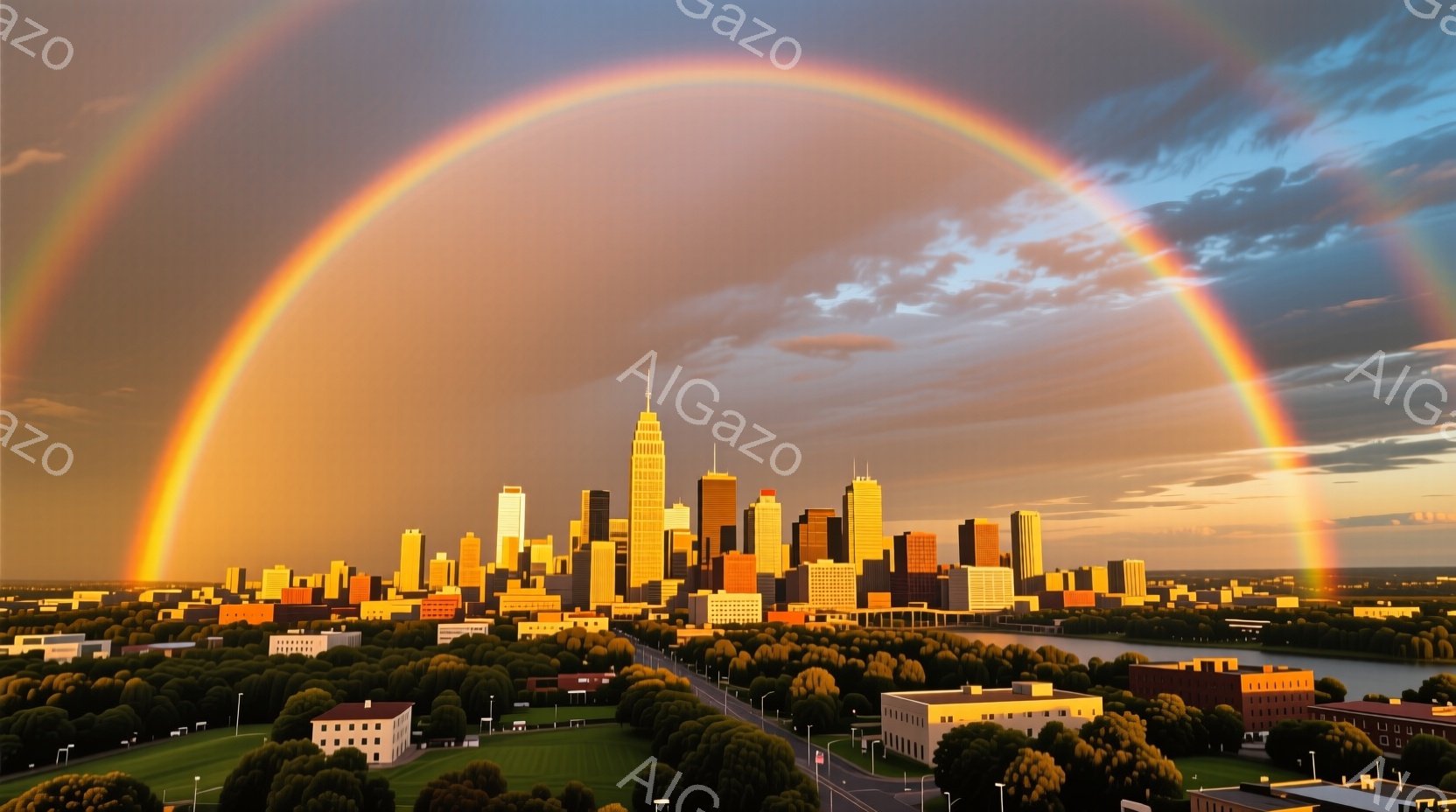 広大な都市のスカイラインが、鮮やかな虹に照らされています。高層ビル群が夕日に照らされ、温かいオレンジ色と赤色のグラデーションが印象的です。緑豊かな公園や建物、そして水面が、穏やかで平和な雰囲気を醸し出しています。