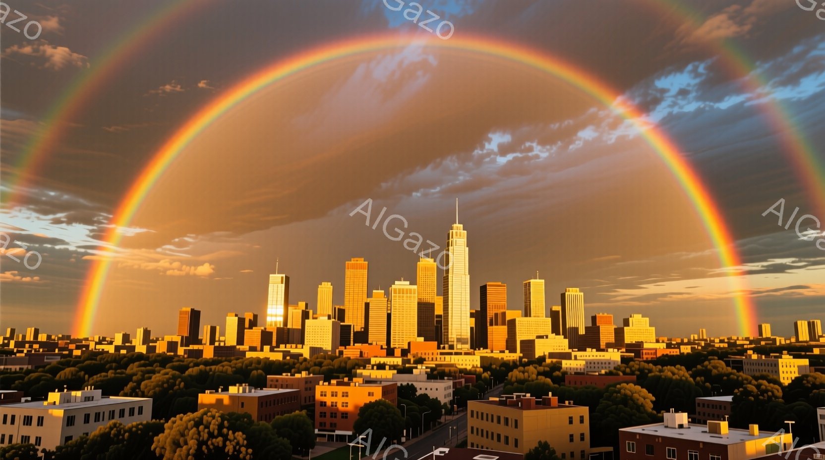 空には鮮やかな虹が架かり、その下には都市のスカイラインが広がっている。建物は夕日に照らされ、オレンジと金色の暖かな光に包まれ、緑豊かな木々が都市のふもとを縁取っている。 全体的に、この画像は希望と平穏を呼び起こす、穏やかで夢幻的な雰囲気を持っている。