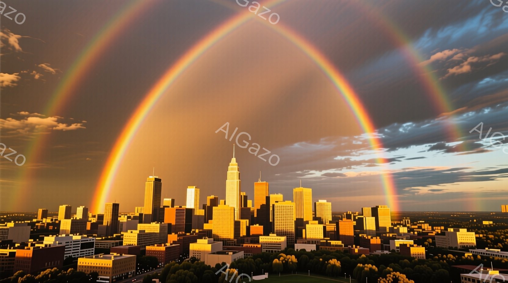広大な都市のスカイラインが、鮮やかな二重の虹に彩られています。高層ビル群は夕暮れ時の光で黄金色に輝き、背景には鬱蒼とした緑の木々が広がっています。空はドラマチックな雲に覆われ、全体的に暖かく、希望に満ちた、壮大な雰囲気を醸し出しています。