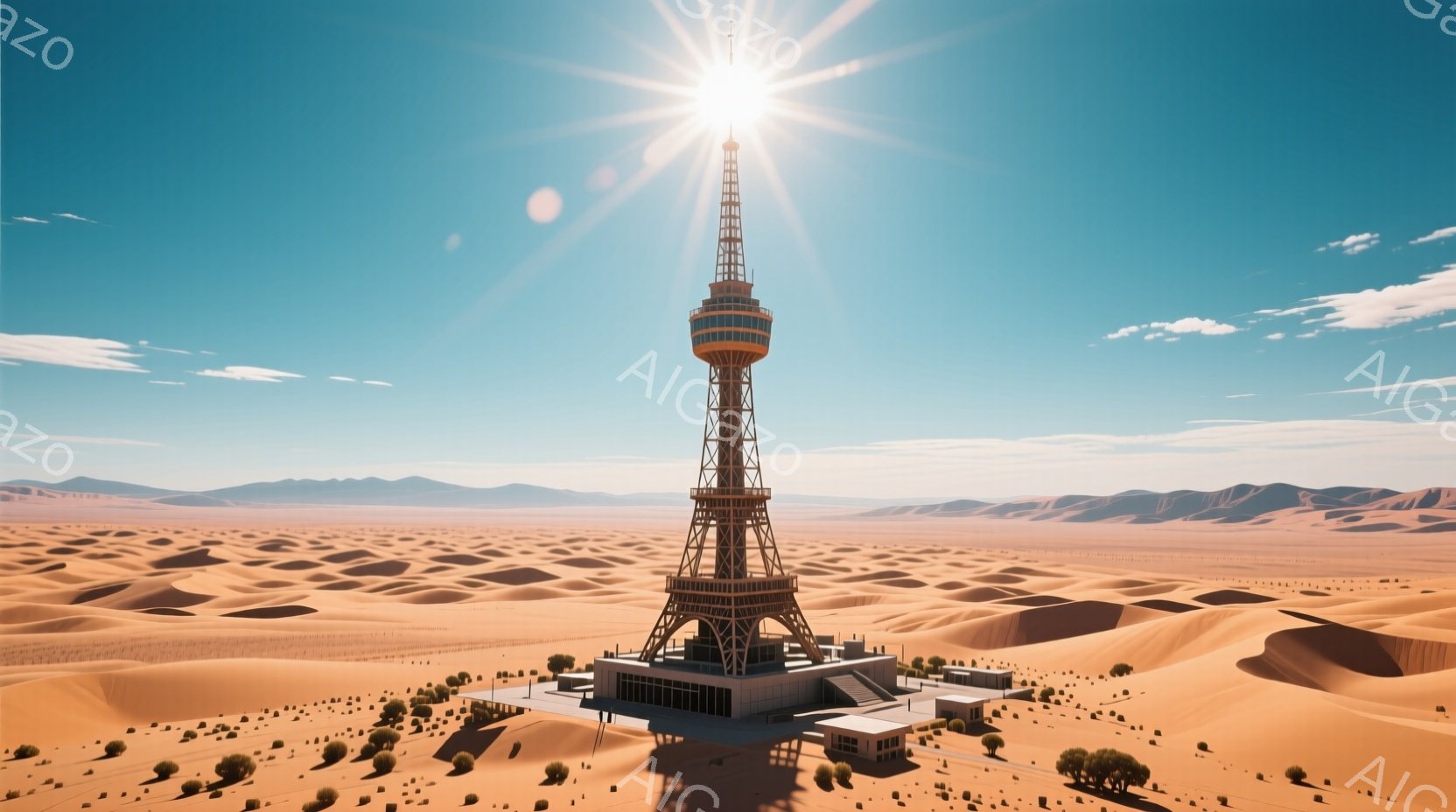 広大な砂漠の中に、鉄骨で組まれた高い塔がそびえ立っている。塔の周囲には、平屋建ての建物群が配置され、遠方には山々が連なっている。晴天で、太陽が燦々と輝き、乾燥した大地の熱気が感じられる、静寂で荒涼とした風景である。