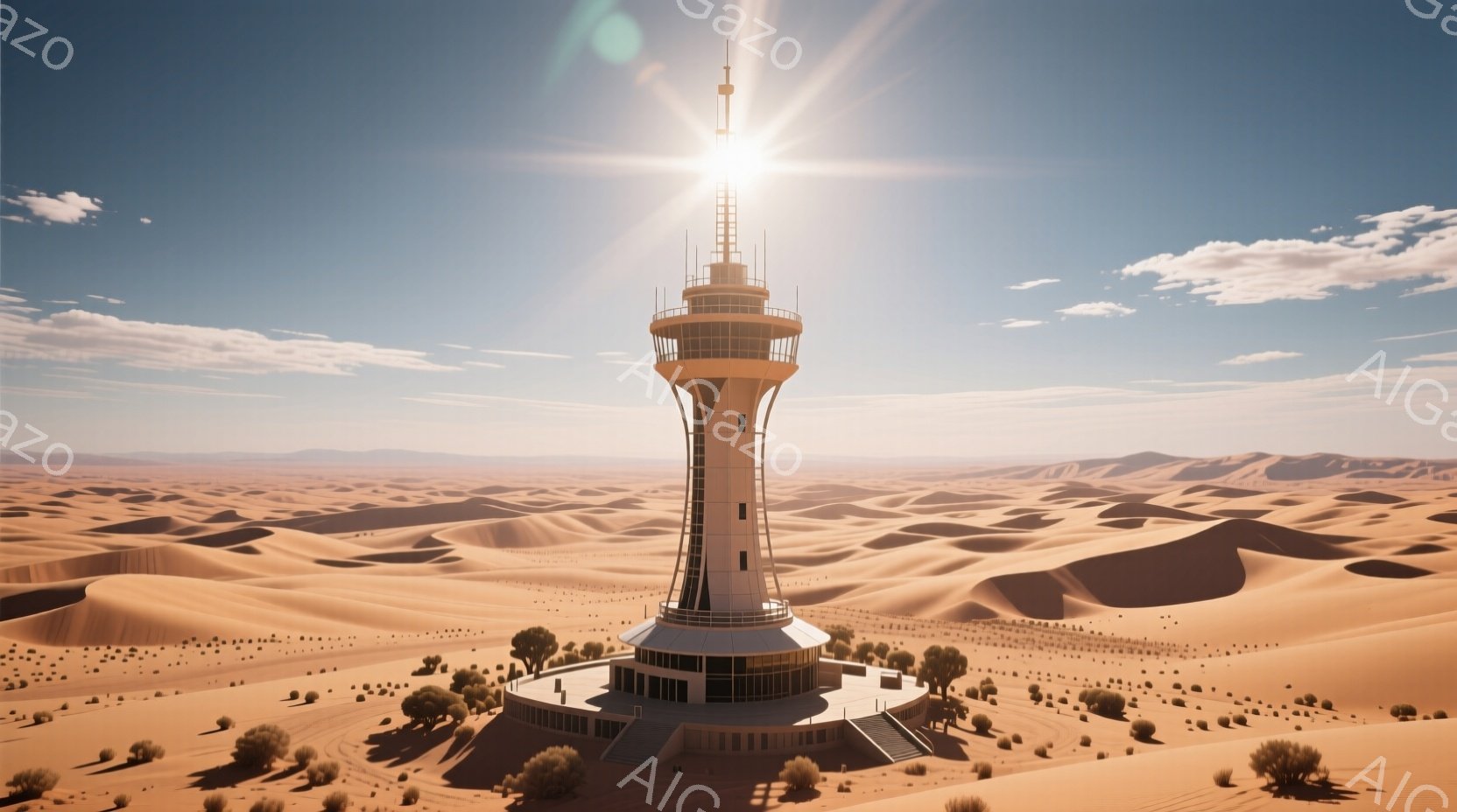 広大な砂漠の中に、未来的な円形の建造物と高い塔がそびえ立っています。塔は白とグレーで構成され、最上部にはアンテナが設置されています。背景は穏やかな砂丘が広がり、空は青く晴れて、晴れた日の壮大な自然の風景を表現しています。