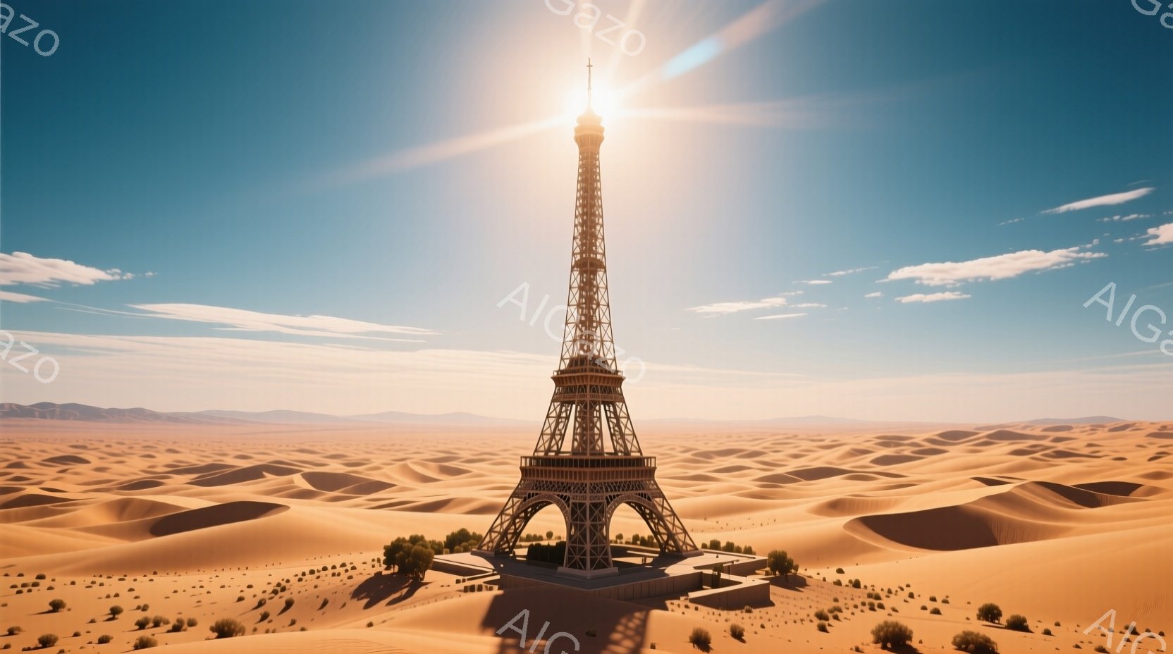 砂漠の中にエッフェル塔がそびえ立ち、周囲にはうねる砂丘が広がっている。空は晴れ渡り、太陽が塔の頂上に輝き、強い影を砂漠に落としている。不自然な光景でありながら、静寂と壮大さを感じさせる、幻想的な雰囲気の画像である。