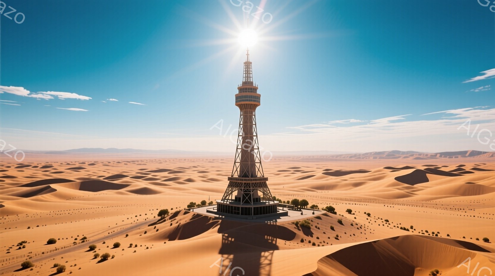広大な砂漠の中に、独特の構造を持つ塔がそびえ立っている。太陽が照りつけ、砂丘がうねり、塔の影が長く伸びている。背景には、点在する低木が見られ、晴天の下、静寂で乾燥した雰囲気が漂う。