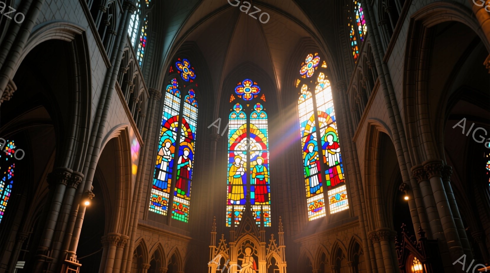 巨大なゴシック様式の教会内部で、鮮やかなステンドグラスからの光が差し込み、神聖な雰囲気を醸し出している。高い柱が荘厳なアーチを支え、祭壇へと続く通路は静寂に包まれている。光の粒子が舞い、神秘的な空間を強調している。
