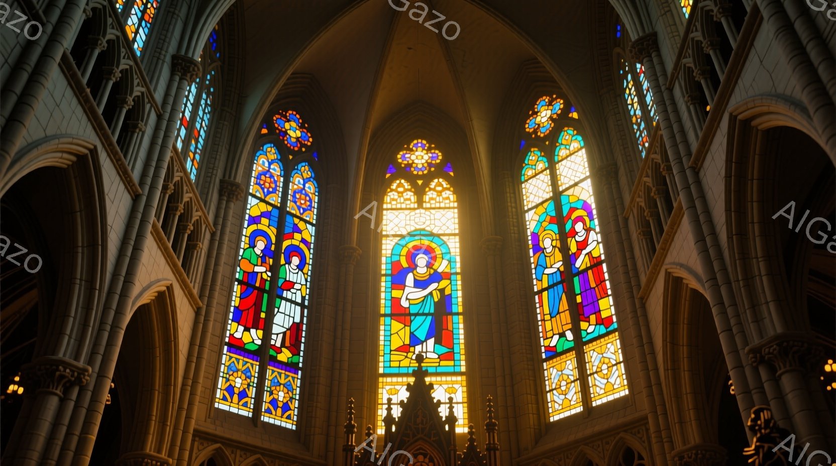 ステンドグラスが美しいゴシック様式の教会の内部です。中央のステンドグラスは、青いローブをまとった人物が、赤と金のローブを着た子供を抱きかかえており、慈愛に満ちた表情をしています。周囲のステンドグラスも鮮やかな色彩で描かれており、高く伸びる柱と相まって、神聖で荘厳な雰囲気を醸し出しています。