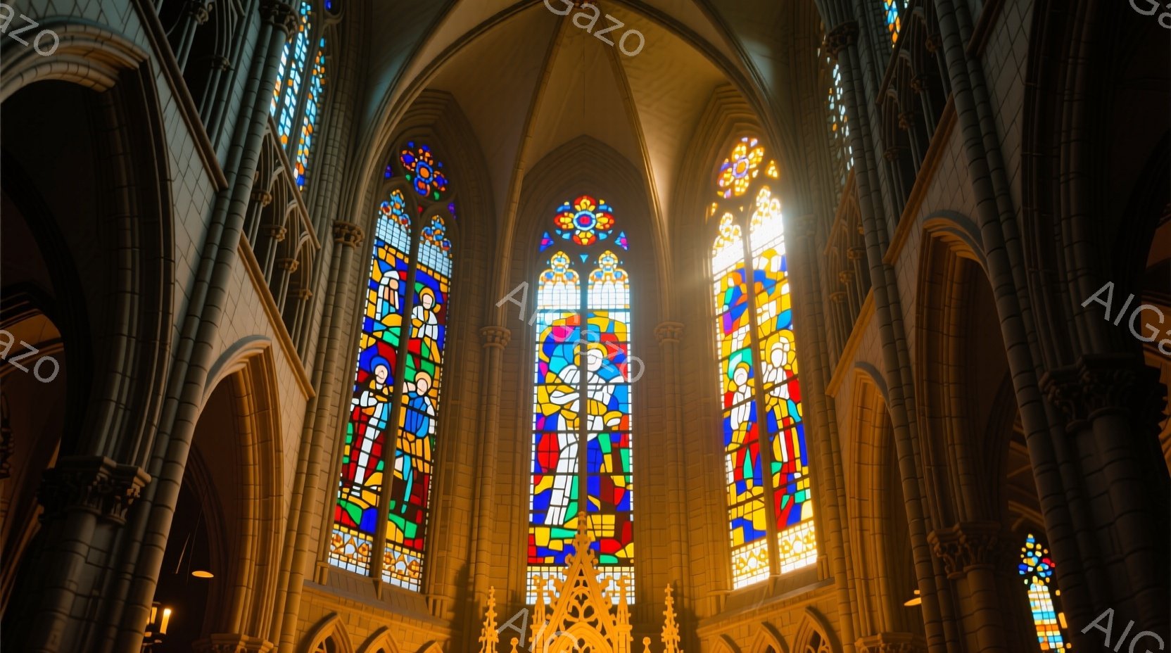 巨大なゴシック様式の教会の内部で、鮮やかなステンドグラスの窓から光が差し込み、神聖な雰囲気を醸し出しています。高い柱とアーチが荘厳な空間を作り出し、床面には光の筋が伸びています。天井の高い空間とカラフルな光が、静寂と神秘的な雰囲気を強調しています。
