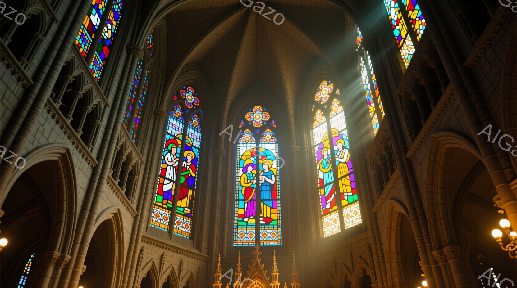 高いゴシック様式の教会内部で、ステンドグラスから差し込む光が神聖な雰囲気を醸し出している。ステンドグラスには聖母マリアと幼子イエス、そして他の聖人と思われる人物が描かれており、鮮やかな色彩が印象的だ。教会内部は石造りの柱やアーチで構成され、荘厳で静謐な空間が広がり、天蓋から吊り下げられたシャンデリアが光を反射し、より神聖な雰囲気を高めている。