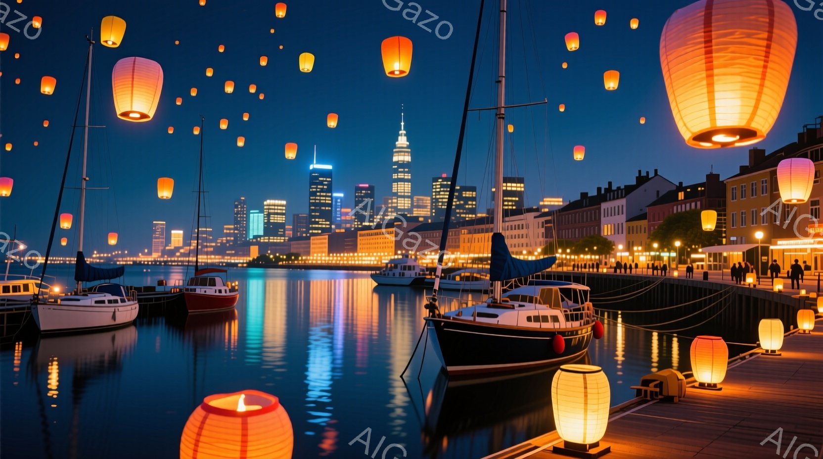 夜の運河には多くのヨットが停泊し、水面に美しい光の反射が広がっています。背景には近代的な高層ビル群が立ち並び、空には無数の提灯が浮かび、幻想的な雰囲気を醸し出しています。岸辺には建物が連なり、人々が散歩を楽しんでいる様子が見られ、穏やかでロマンチックな夜の情景が描かれています。