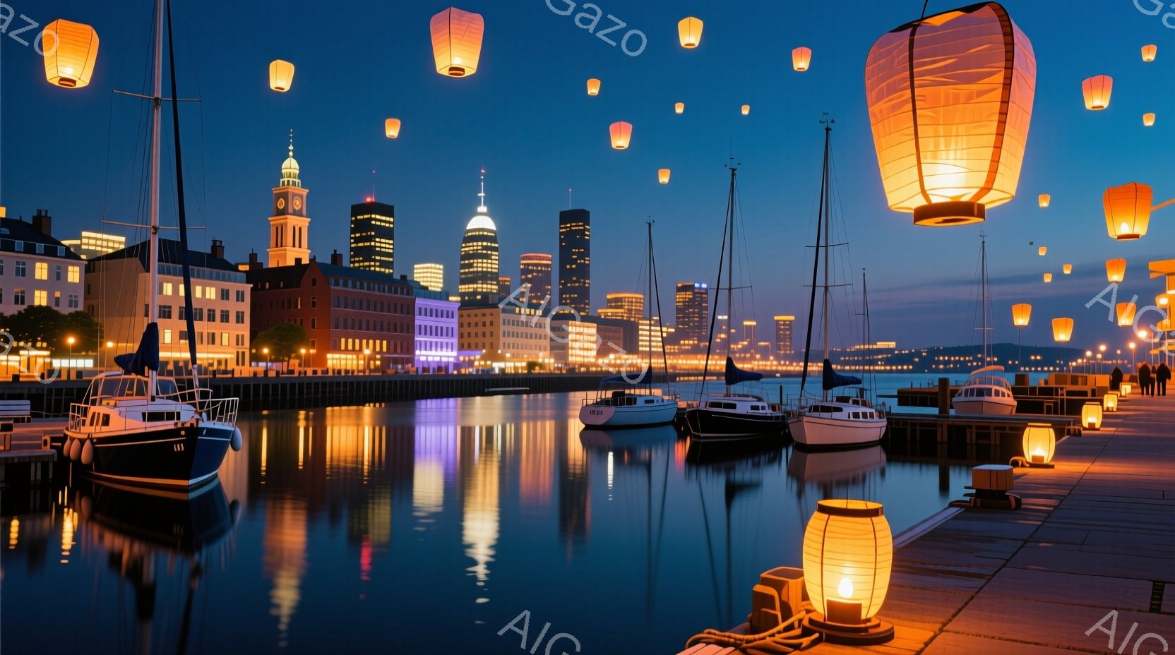 夜の港には、多くのヨットが静かに停泊しており、水面にオレンジ色の光が反射して美しい光景を作り出しています。空には無数の提灯が浮かび、まるで星空のような幻想的な雰囲気を醸し出しています。背景には、ライトアップされた近代的な建物が立ち並び、夜の都市の活気と静けさが共存しています。
