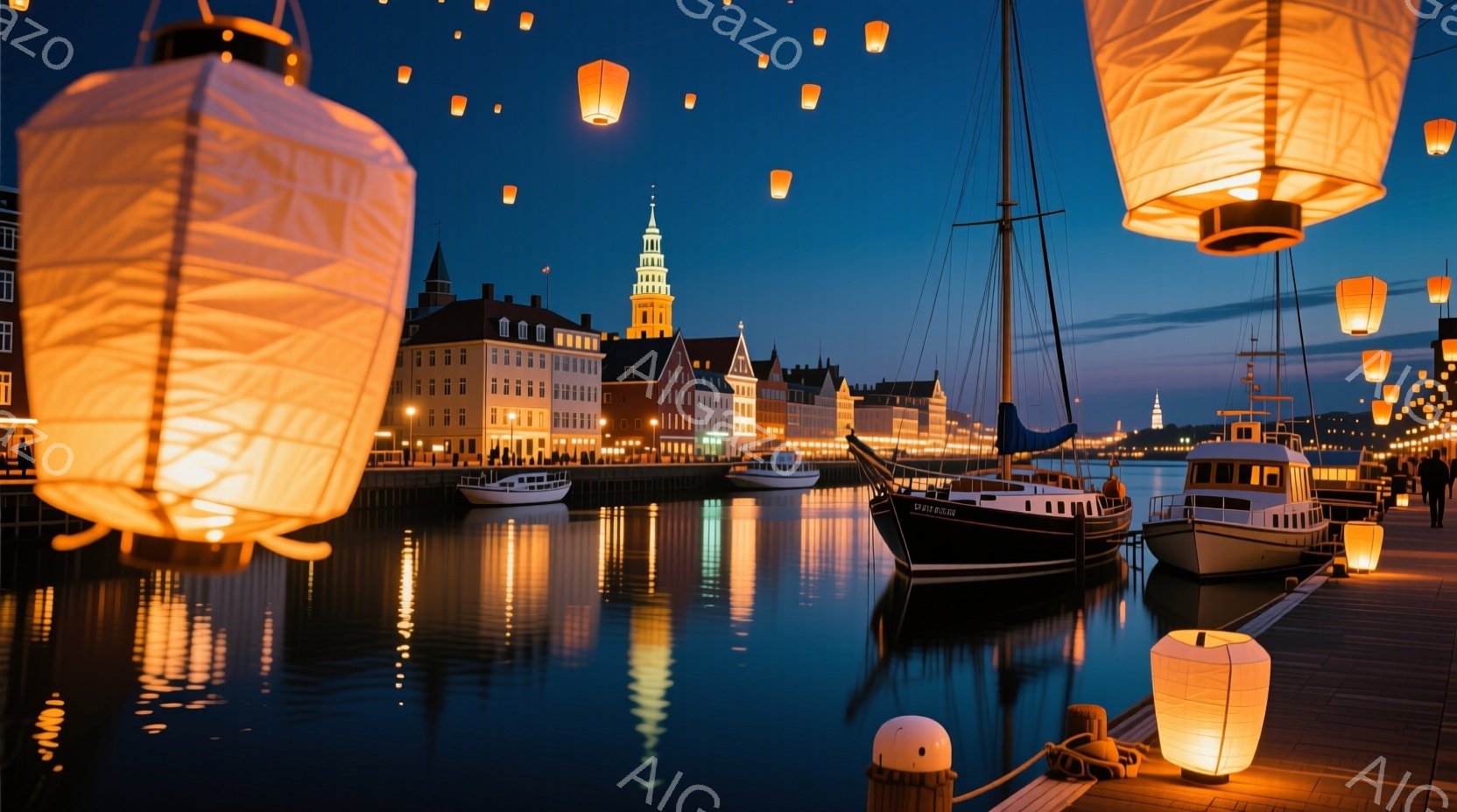 夜の港には、オレンジ色の光を放つ提灯が多数浮かび、水面に美しい反射を作り出している。背景には、歴史的な建物が並び、そのシルエットが夕暮れの空に浮かび上がる。全体的に穏やかで幻想的な雰囲気が漂い、静寂の中に温かさが感じられる。